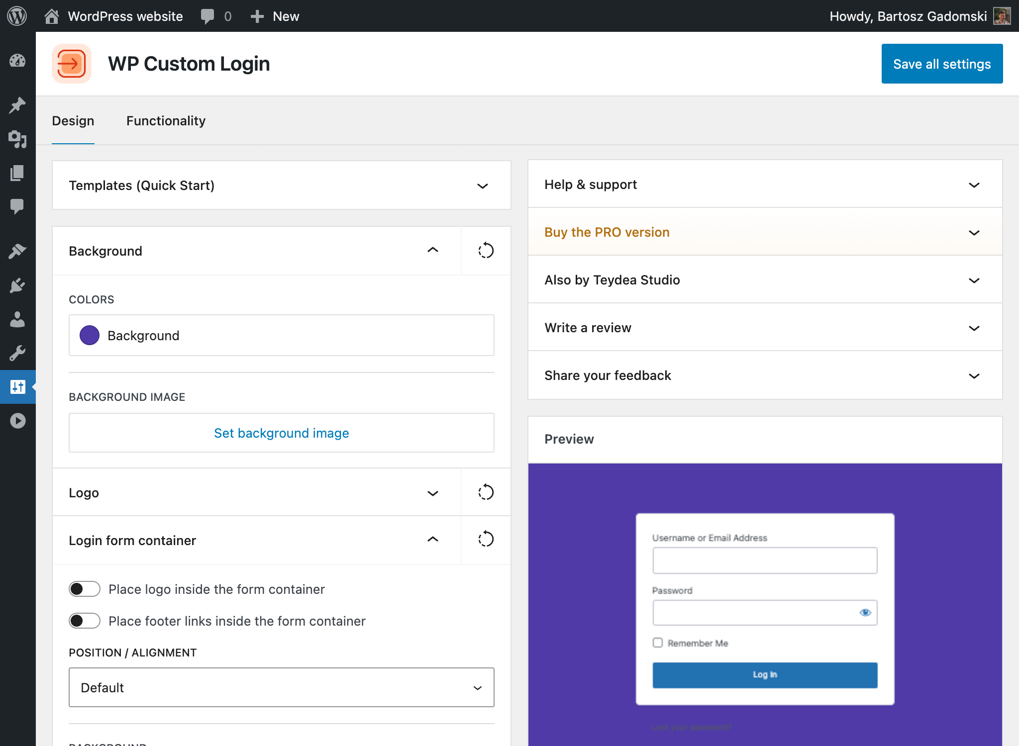 Background and form container settings with color picker and background image options.