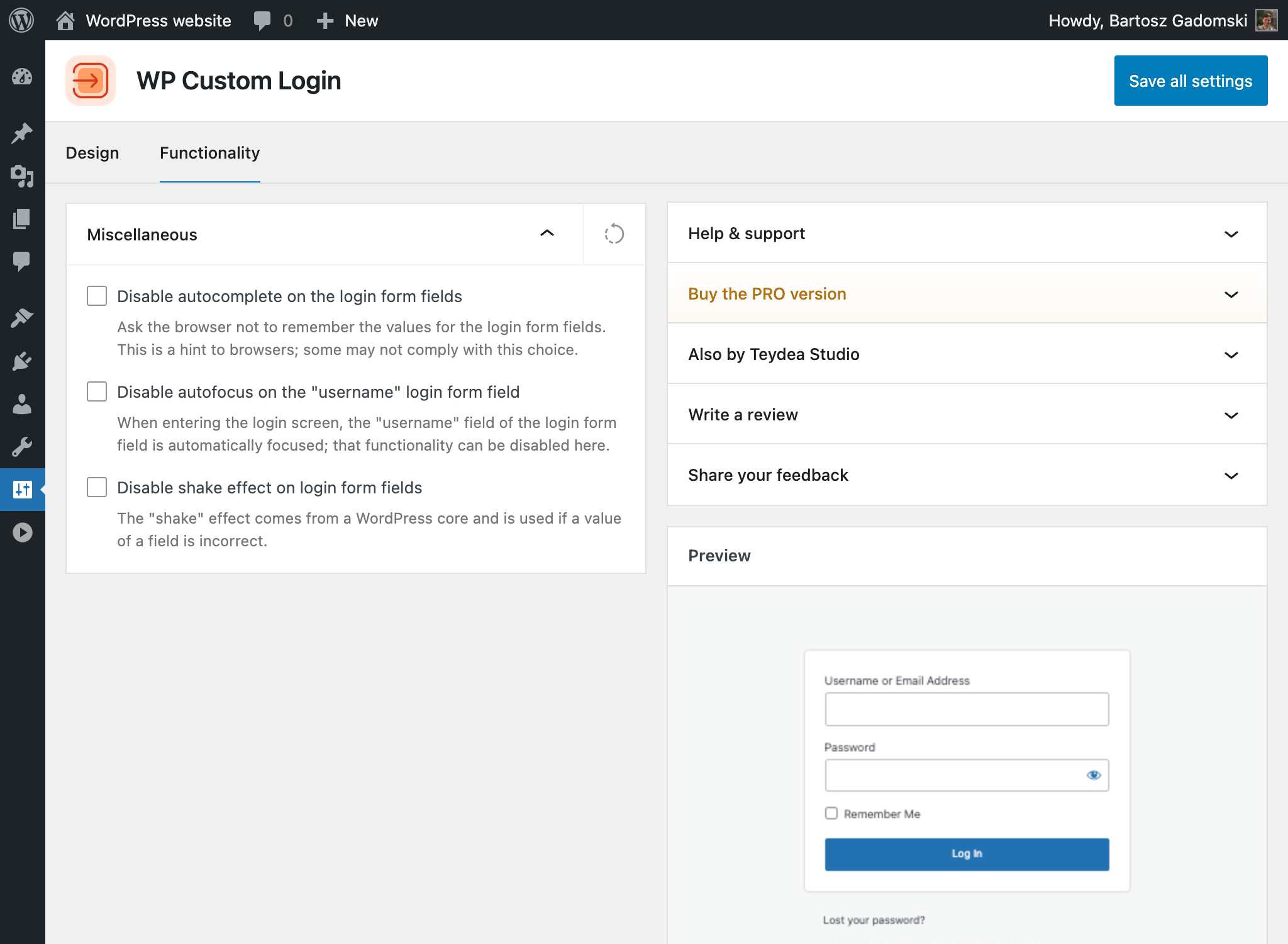 The Functionality tab with options to disable autofocus, autocomplete, and the login error shake effect.