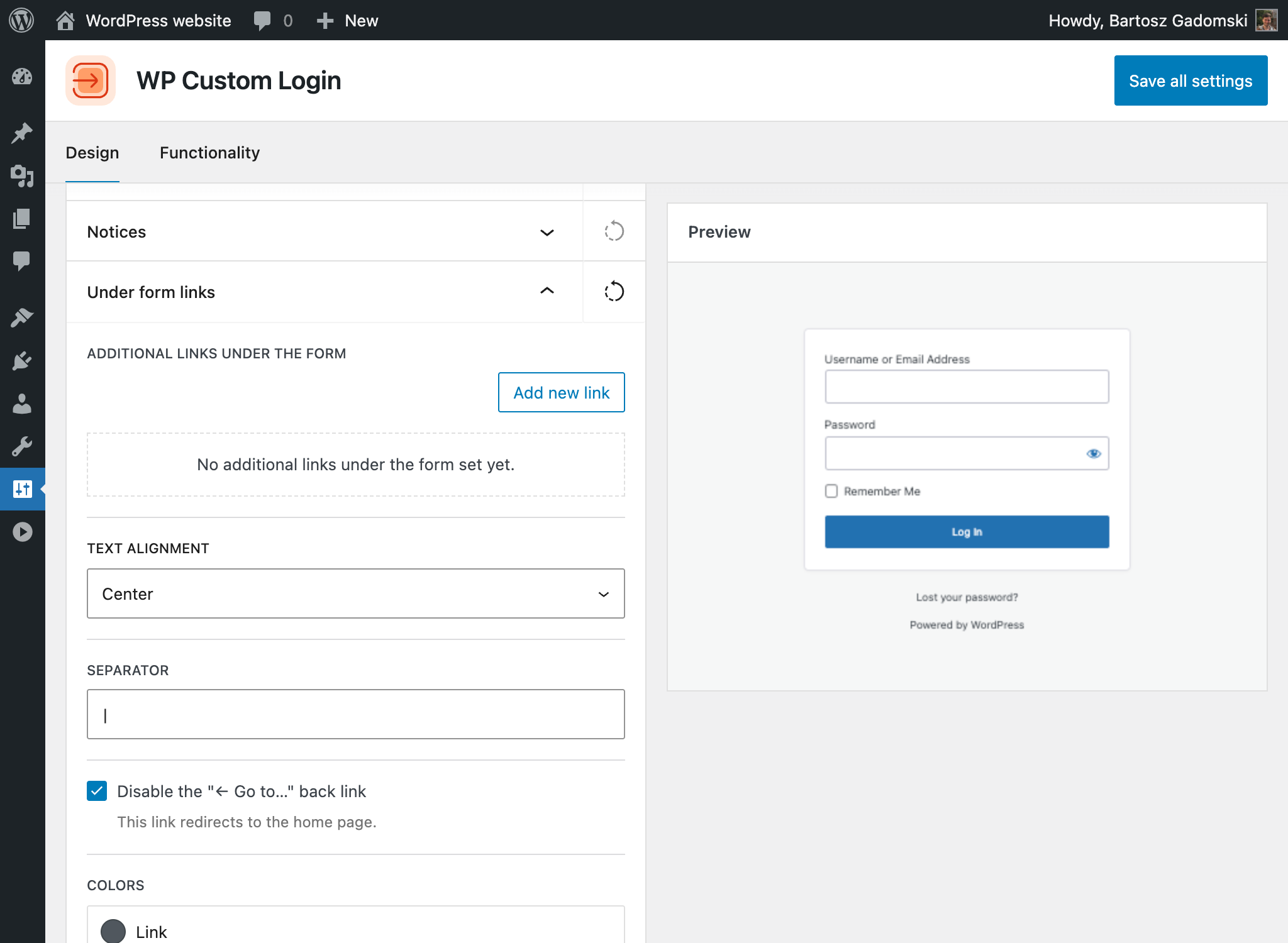 Under-form links settings with custom link management, text alignment, separator, and color options.