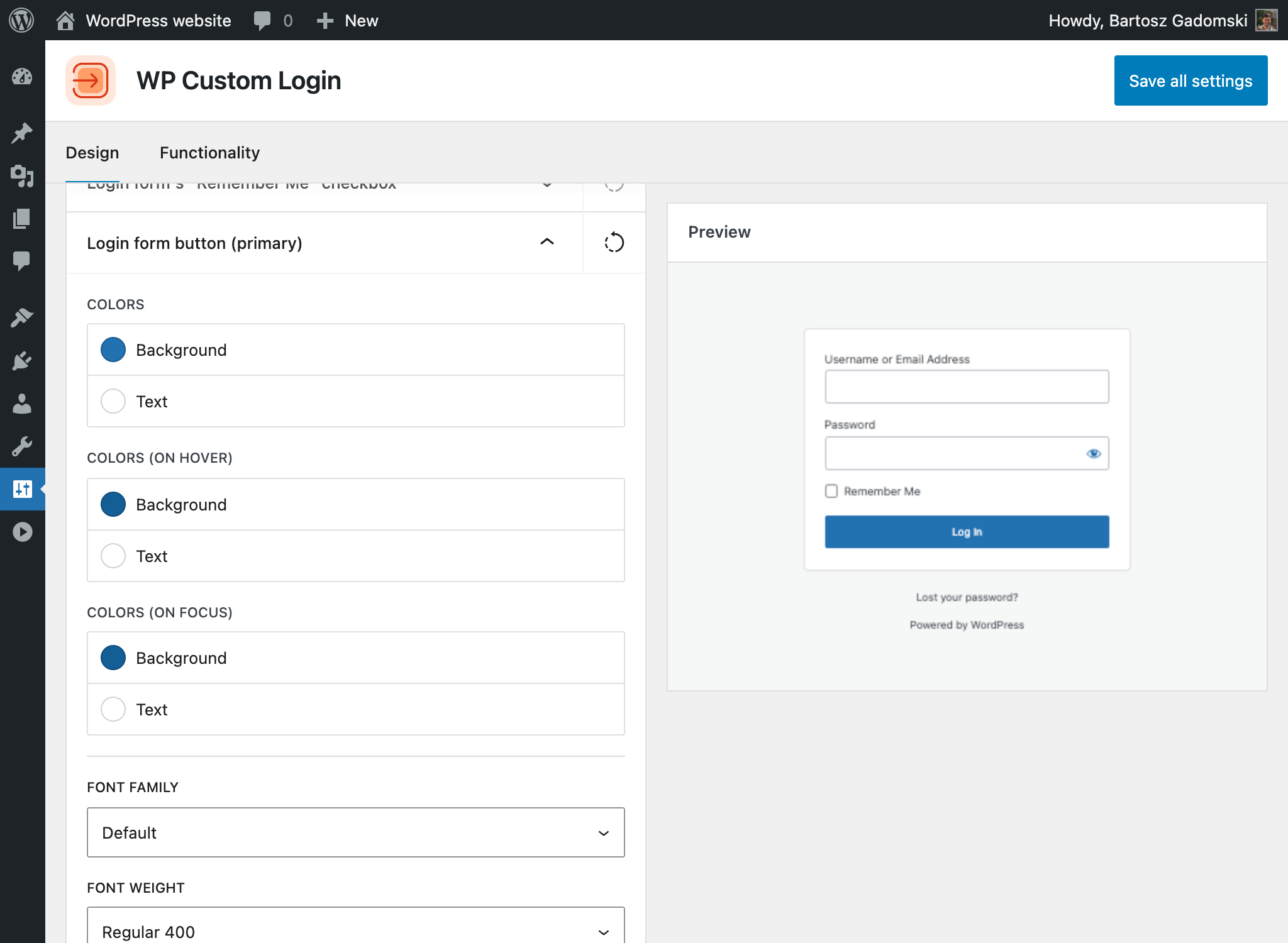 Primary button styling with color controls for normal, hover, and focus states, plus font family and weight options.
