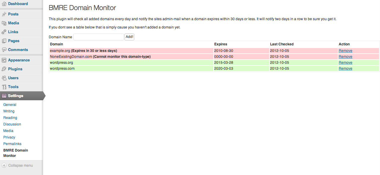 This is the admin page to add domains and monitor them.