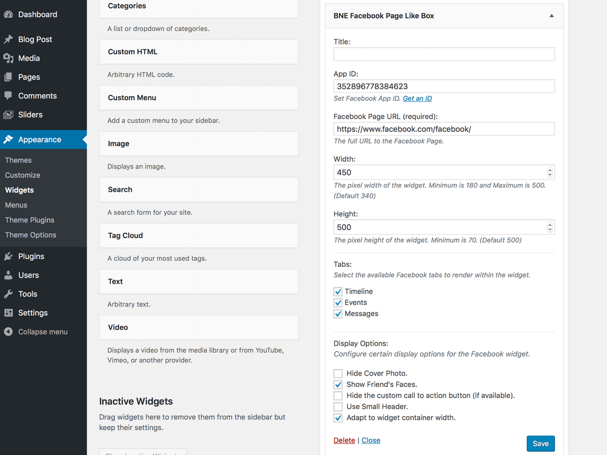 Widget - BNE Facebook Page Plugin in administration.
