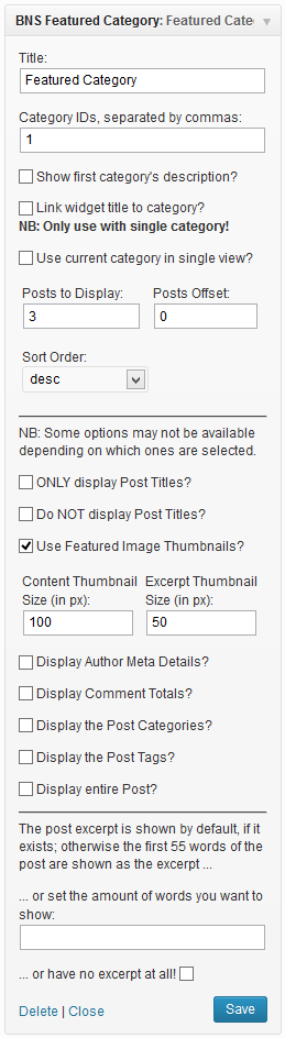 The options panel as it appears in default.
