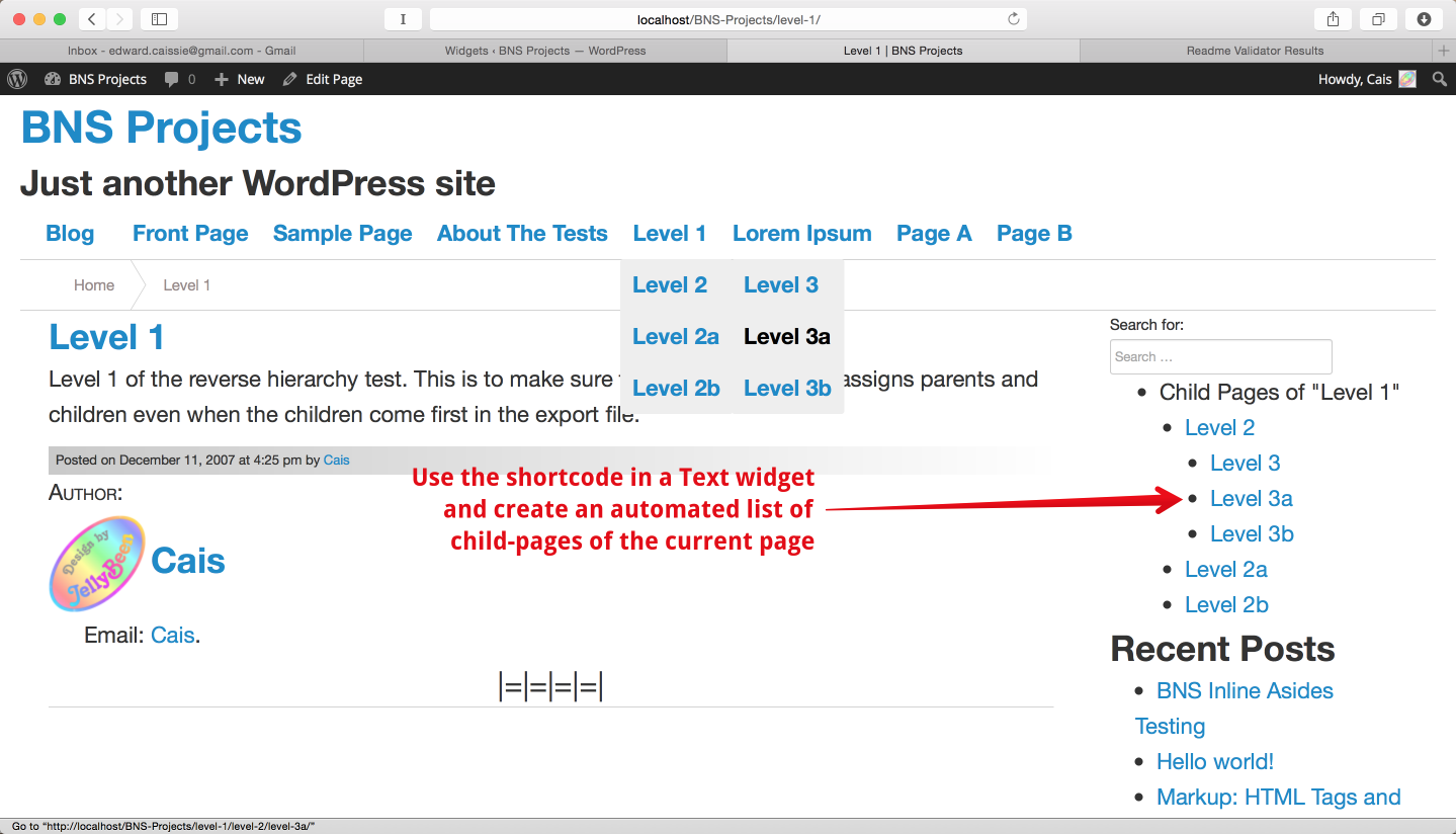 Use the shortcode in a Text widget to create an automated list of child-pages of the current page (if they exist).