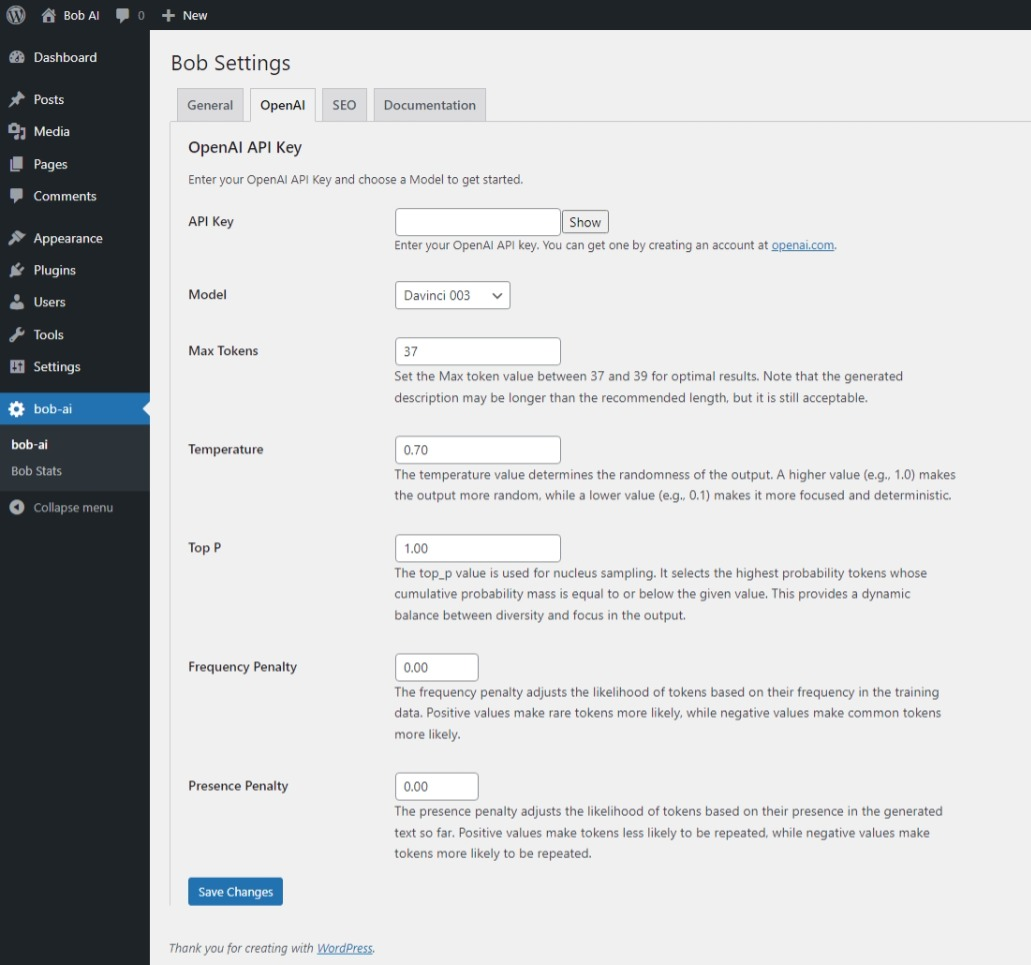 Bob OpenAI Settings