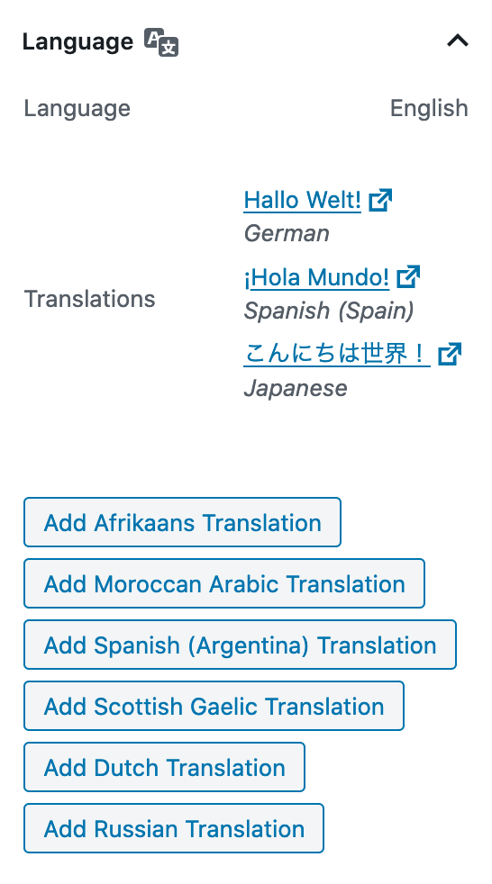 The **Language** box manages the post's translations.