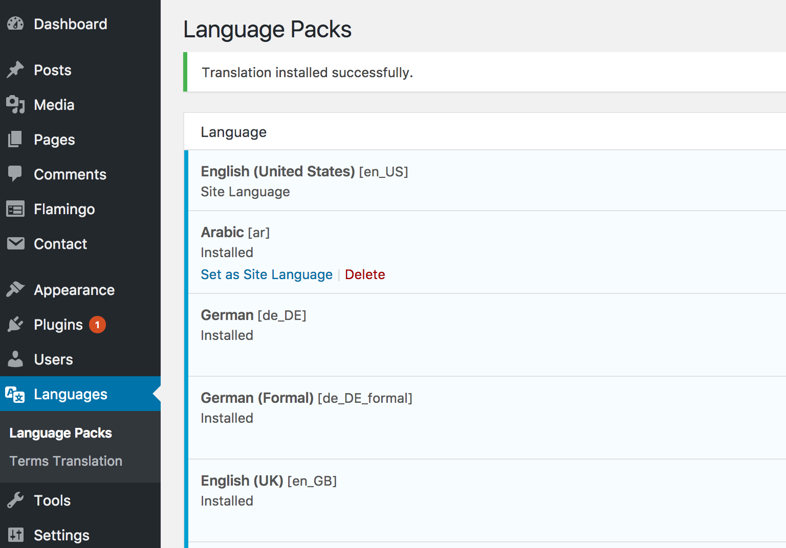 The **Language Packs** screen lets you view and install language packs.
