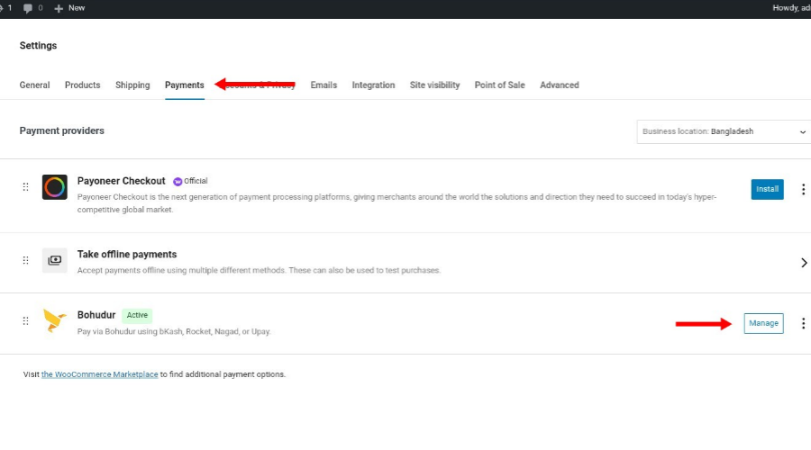 Open the **Payments** tab, enable **Bohudur**, and click **Manage**.