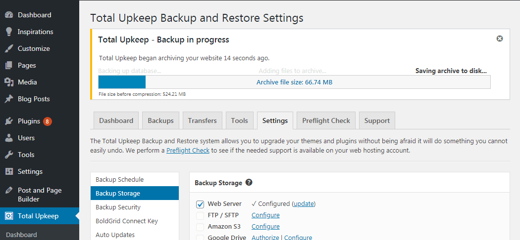 Easily schedule backups using Cron or WP Cron. Set a time of day, select the days of the week, and Total Upkeep will automate backups for you. You will receive an email after each backup has been completed.