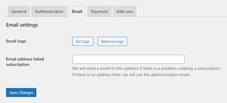 Settings page. Email settings.