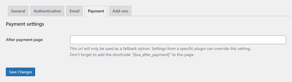 Settings page. Payment settings.