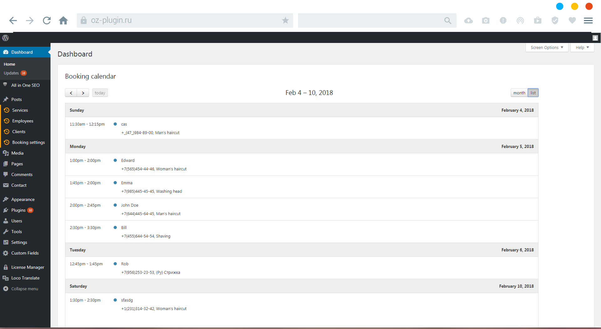 Dashboard WP. List view