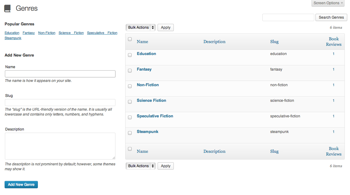 Genres (example of the taxonomy screens)