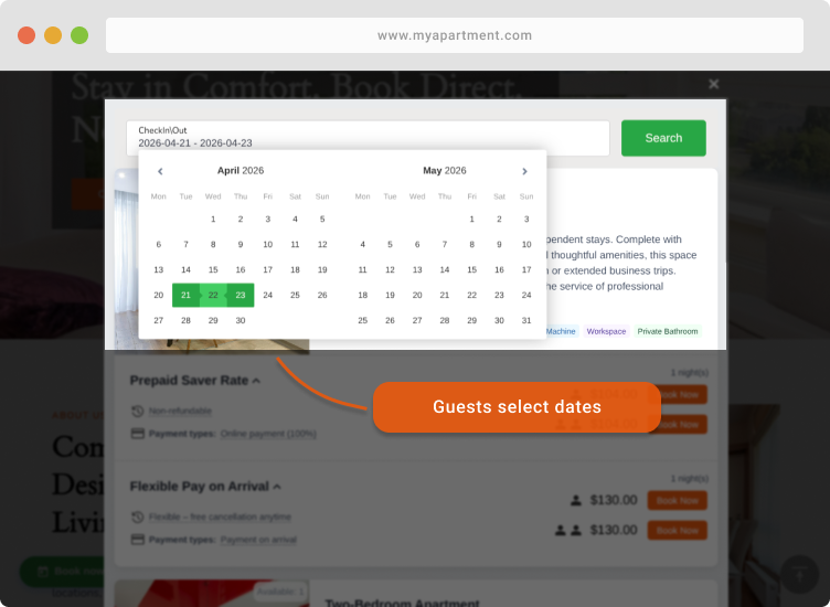 After clicking the button, a simple booking window opens where guests select their dates and check availability.