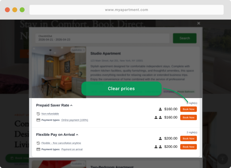 Available apartments and rates appear instantly. Guests choose the option they want and book in seconds.