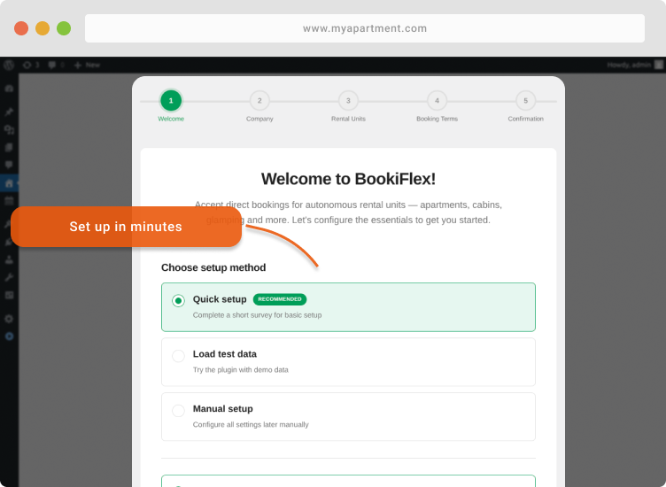 Get started in minutes with the guided setup, or load demo data to explore the plugin before configuring your property.