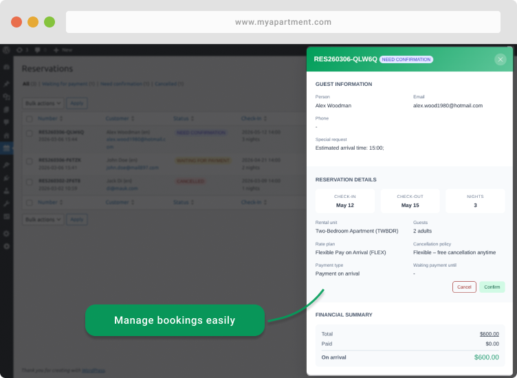 View and manage all reservations from a simple dashboard. Check guest details, dates and booking status at a glance.