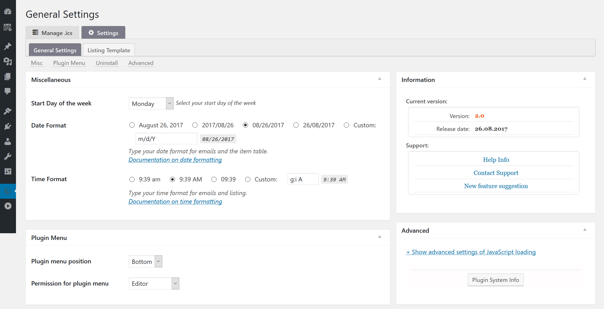 **Settings** - configure different settings of plugin