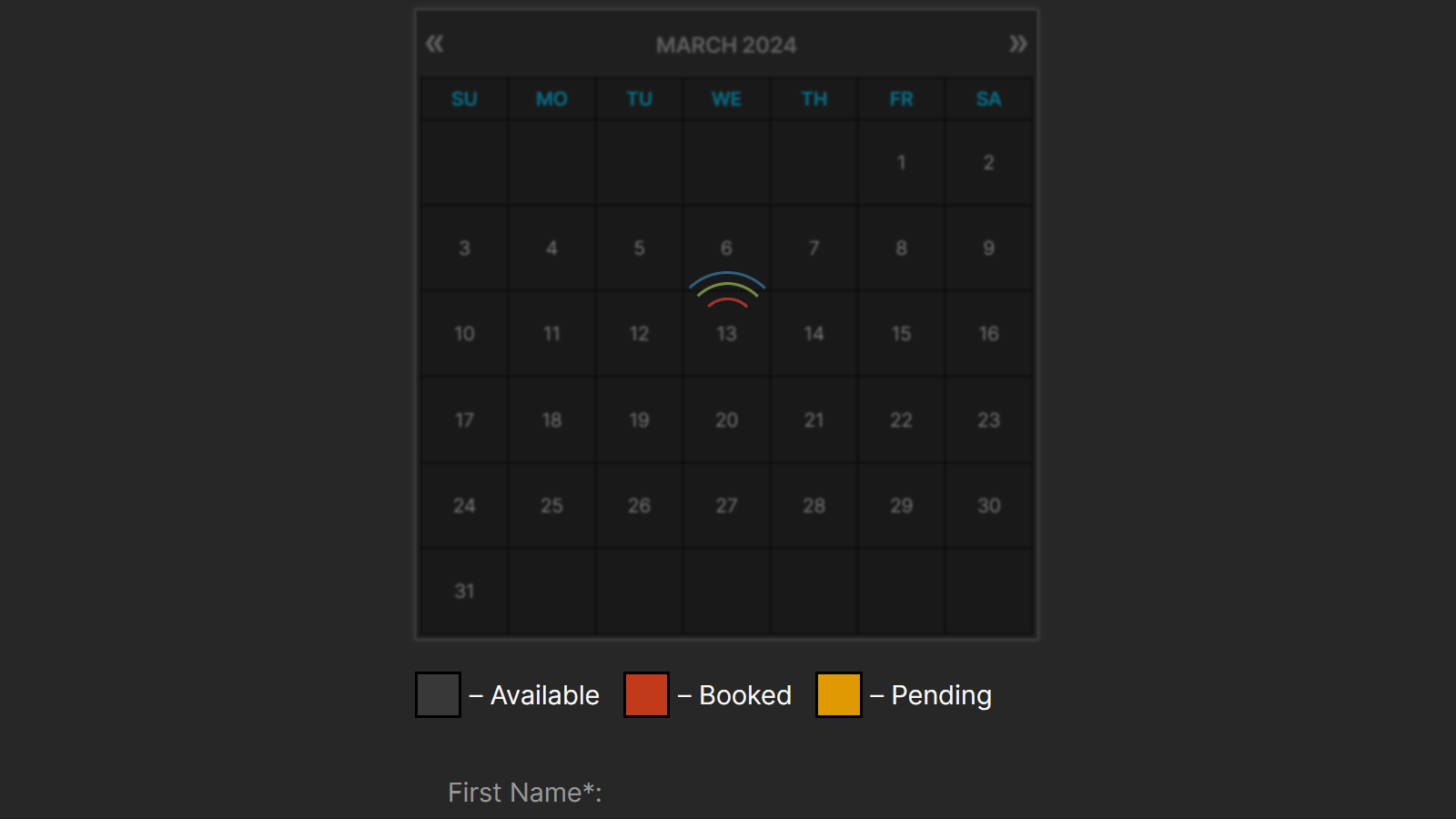 **Full-Day Bookings**: In this screenshot, you can see the front-end booking form, configured in a centered layout with a dark theme. It enables users to select and **book multiple days in the calendar**.
