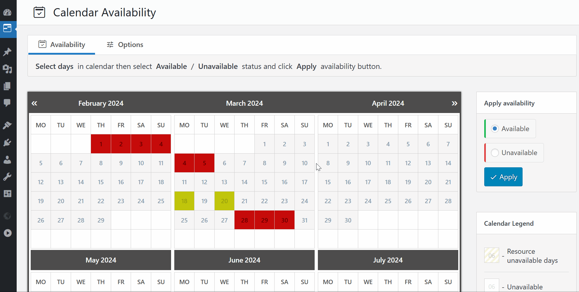 **Calendar Availability**: Select dates, choose the available/unavailable status, and apply it. It's that simple to set dates as unavailable.