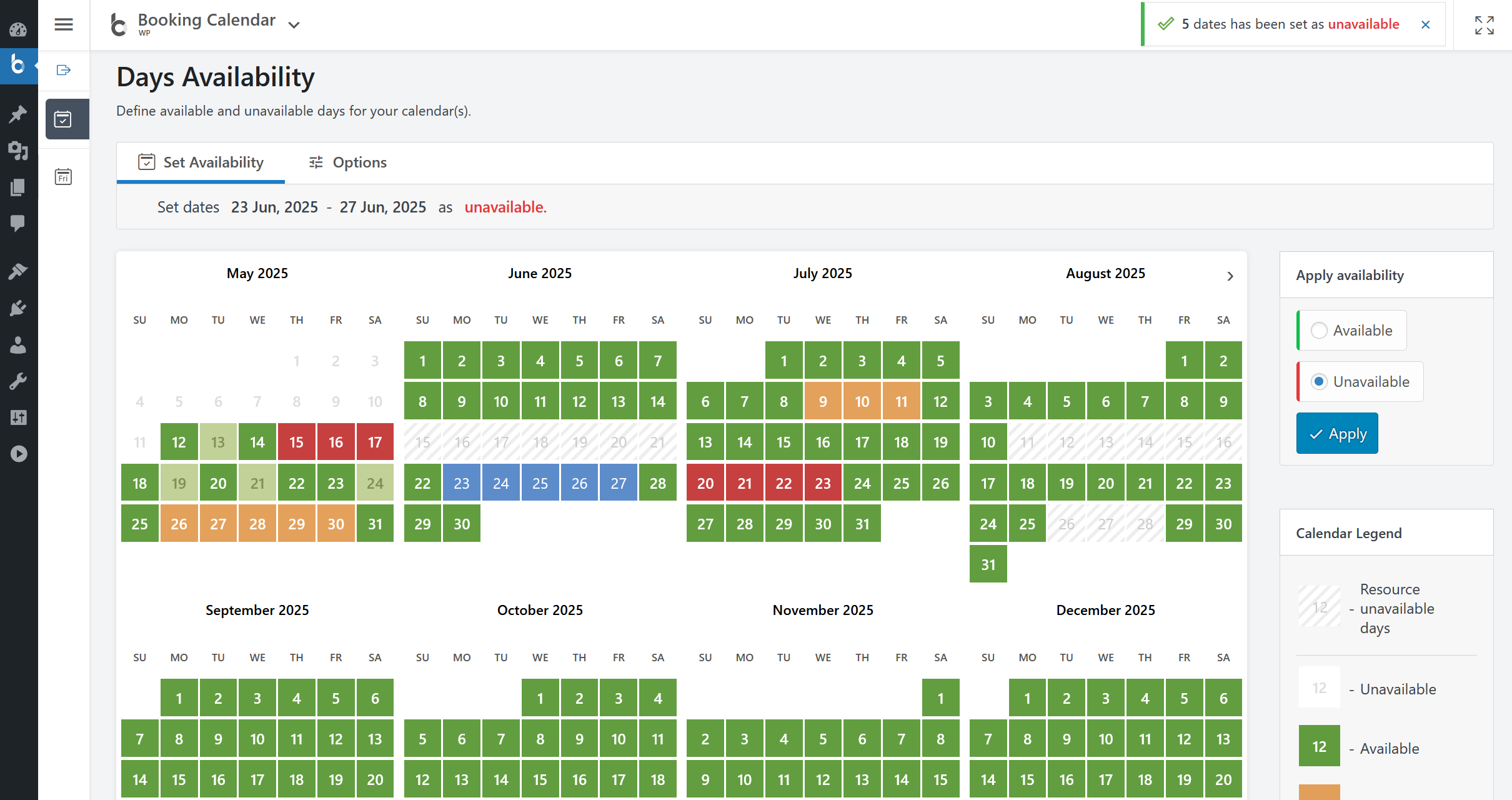 **Calendar Availability**: Super easily set available or unavailable dates in the calendar with just 3 mouse clicks.