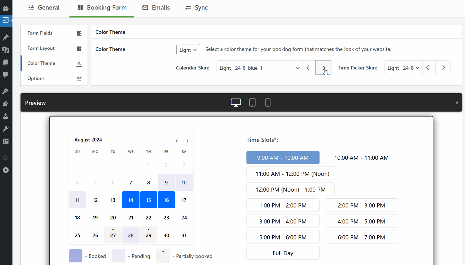 **Customize Calendar Look**: Choose  a style of your booking calendar to match your website's theme design.