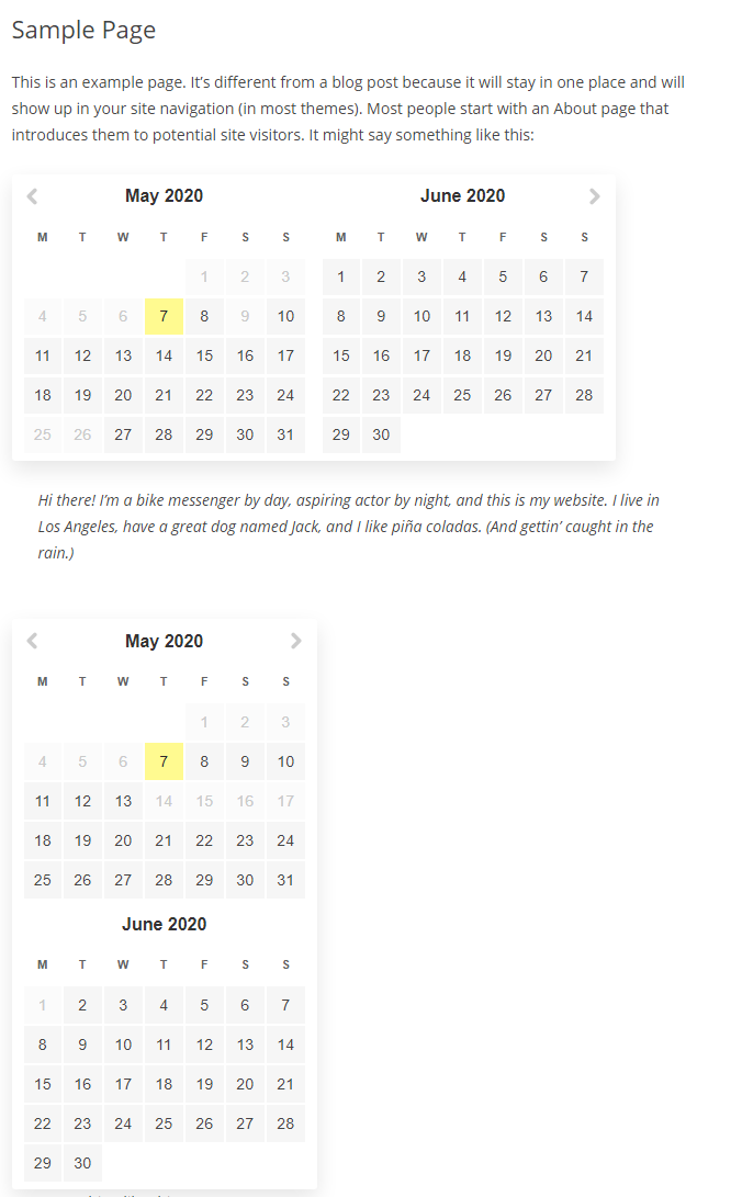 Calendar in the frontend, default theme.