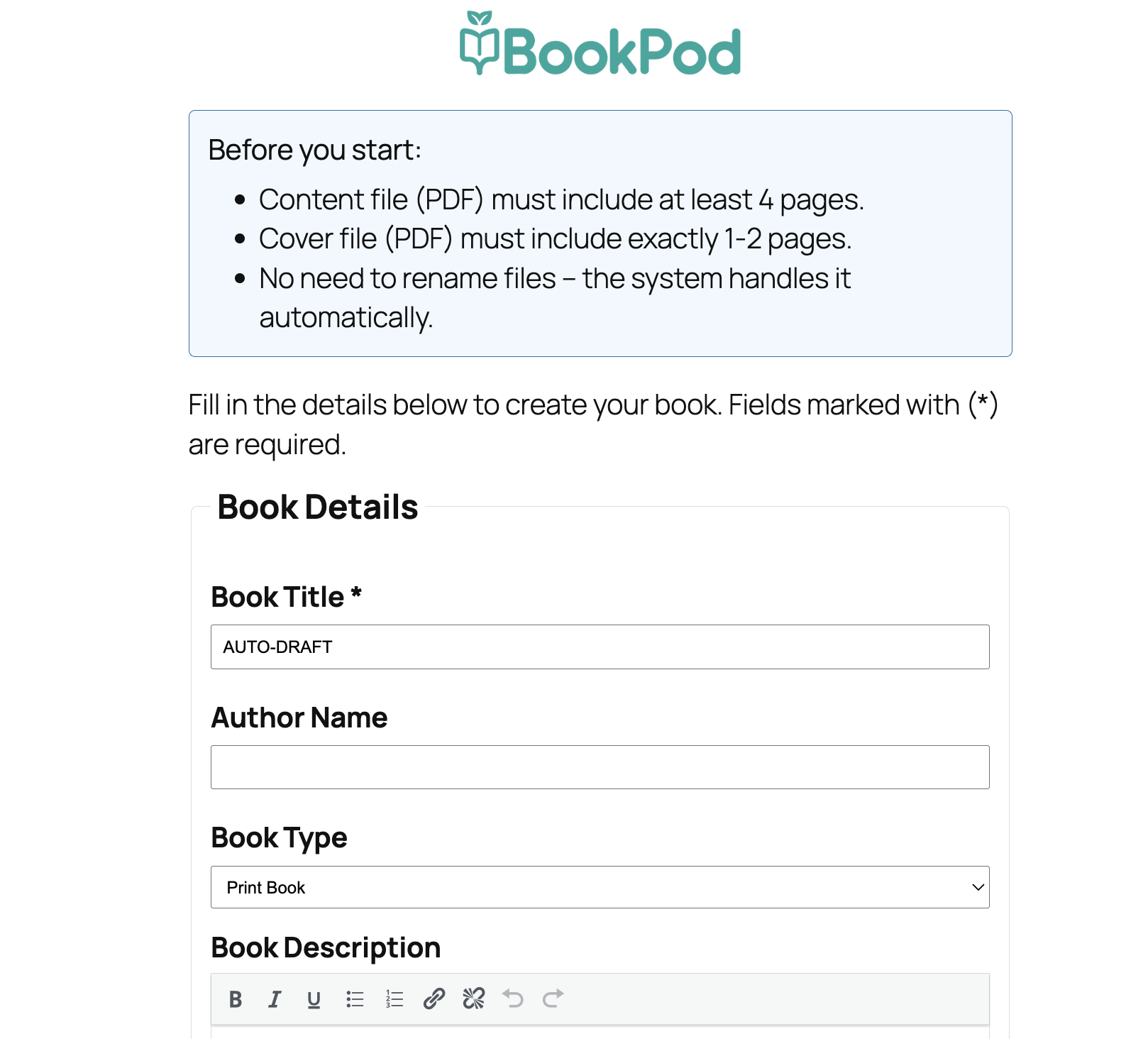 Create Book - Upload PDF files and set print specifications.