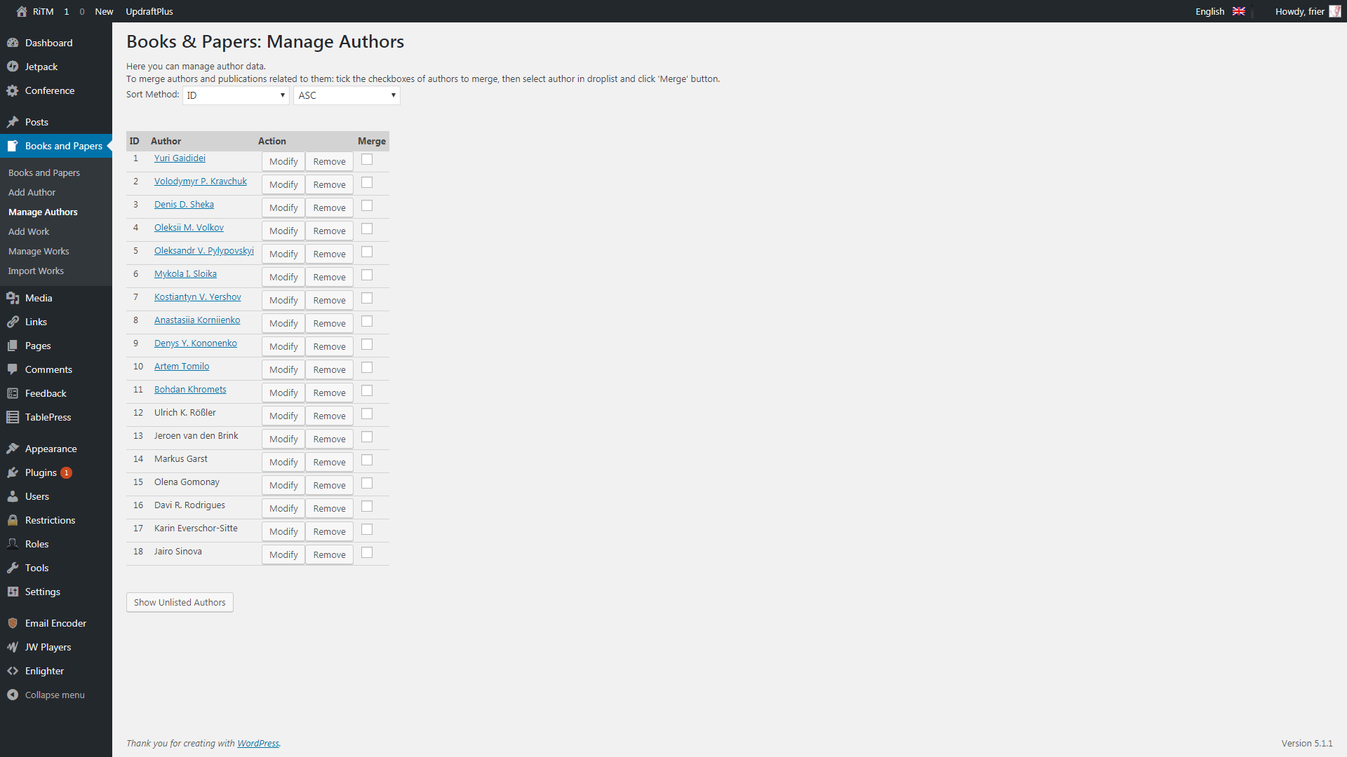 Plugin's author management admin menu.
