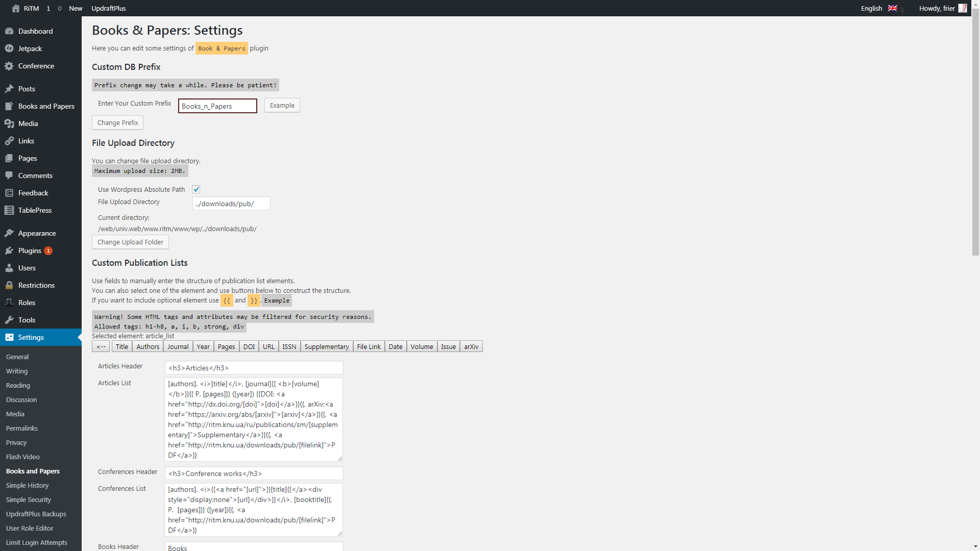 Plugin's settings page.
