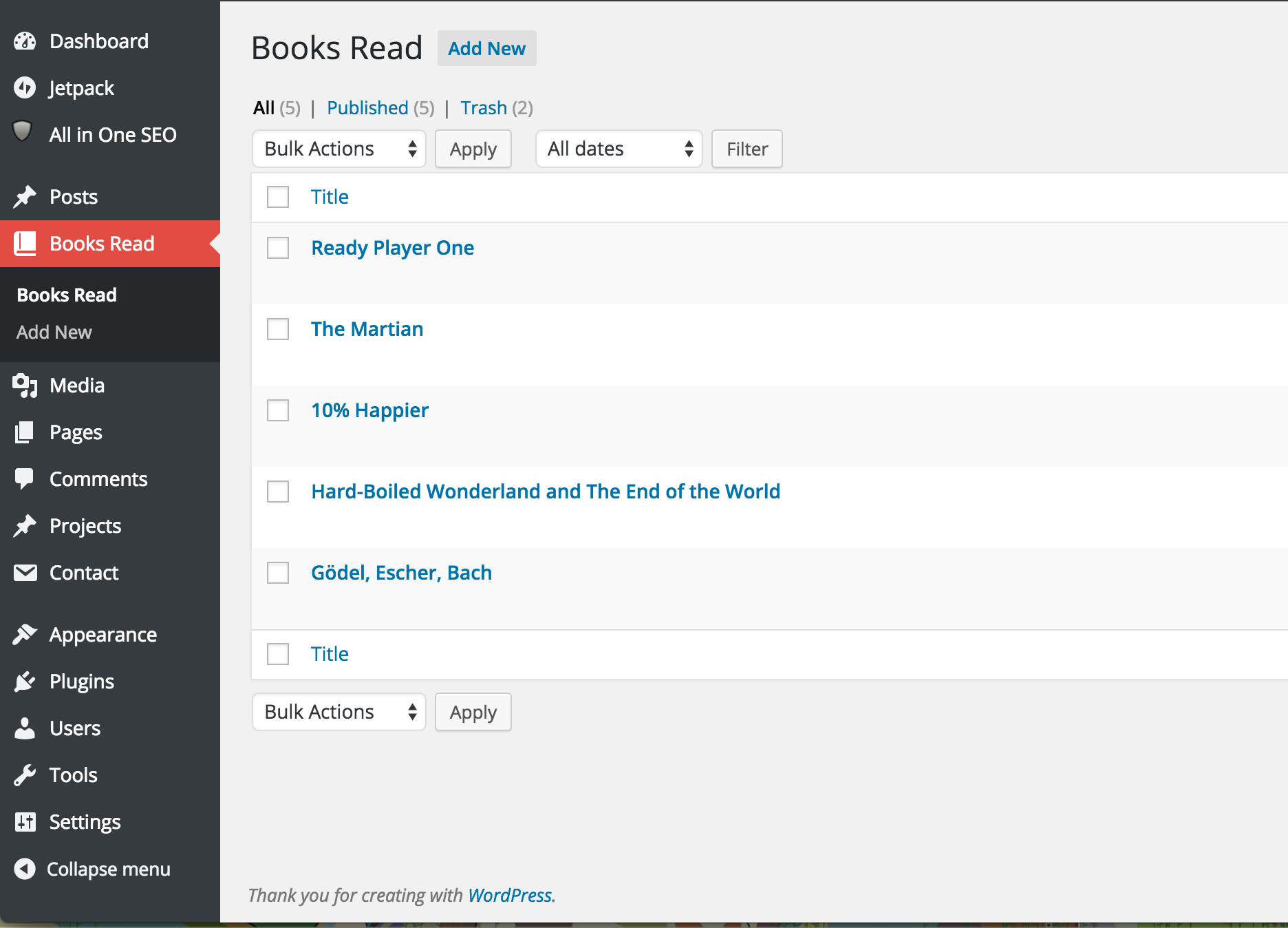 View of the `Books Read` blog post type and where/how it’s displayed on your WordPress installation