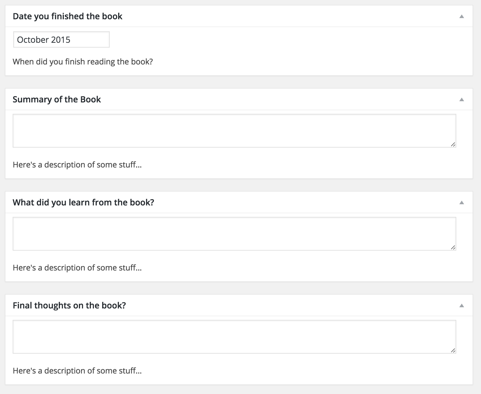 View of the prompts on the `Books Read` blog post type under `Add New`