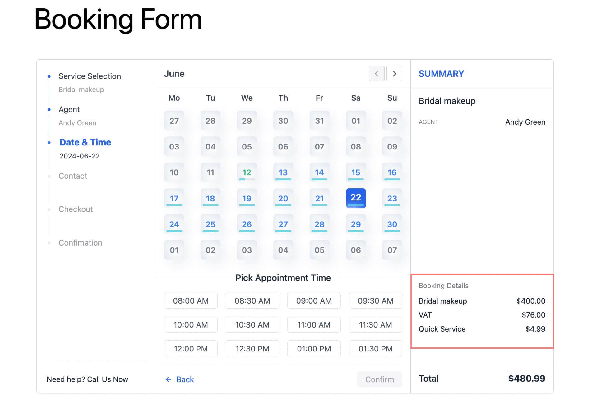 VAT and service charge displayed on booking form's total price