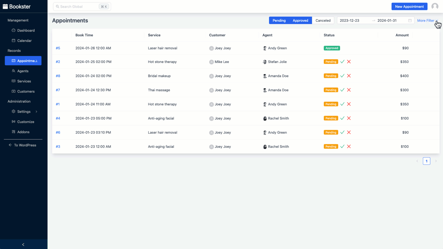 Approve and update an appointment in the salon booking system