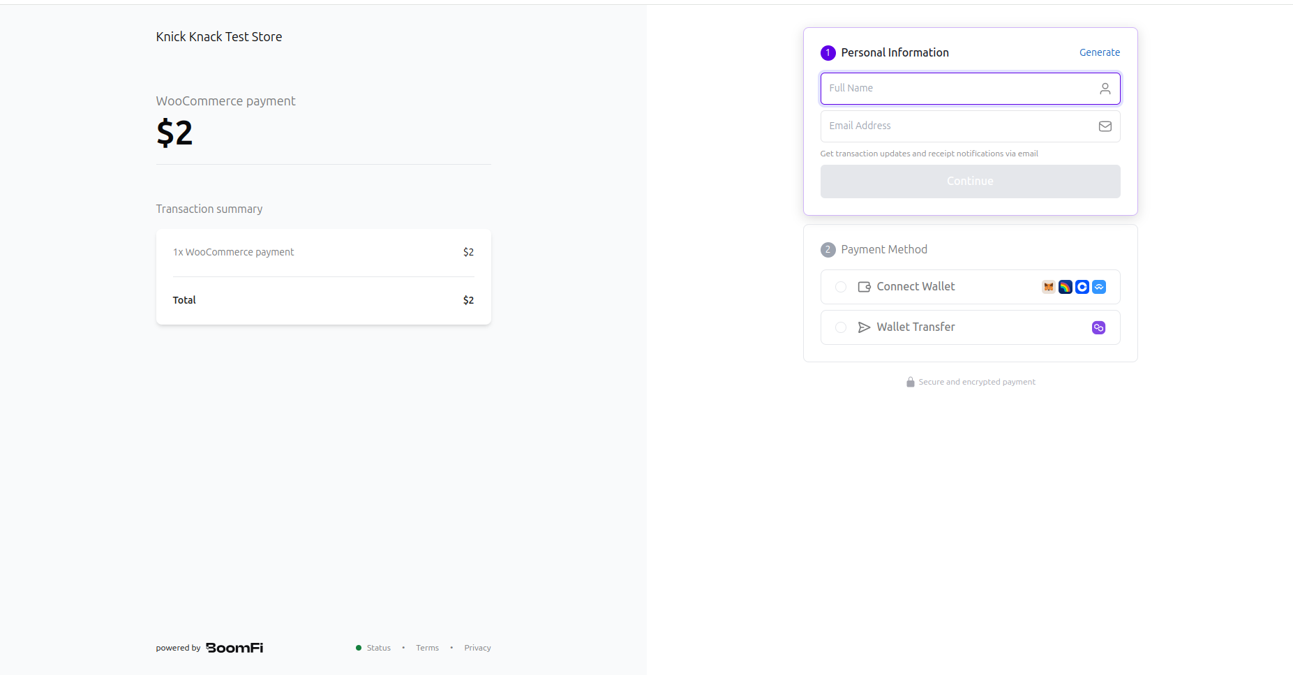 Payment checkout using BoomFi