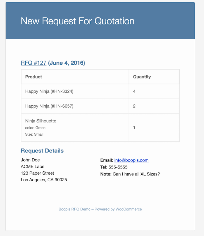 Customer email when a request for quotation is made