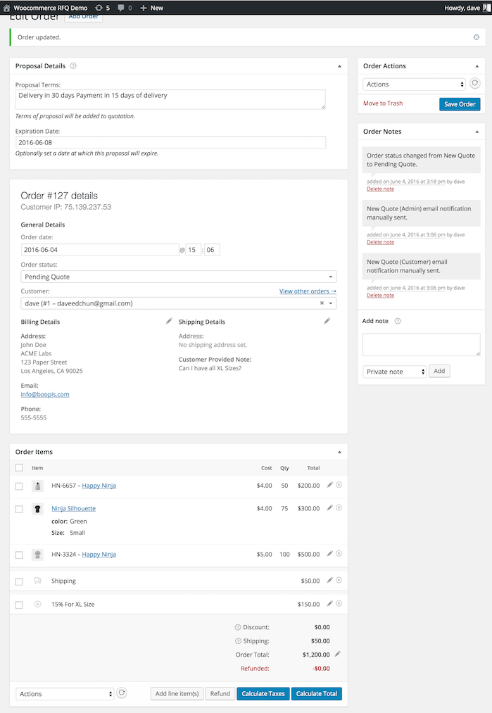 Customer email wil proposal and action links to accept or deline
