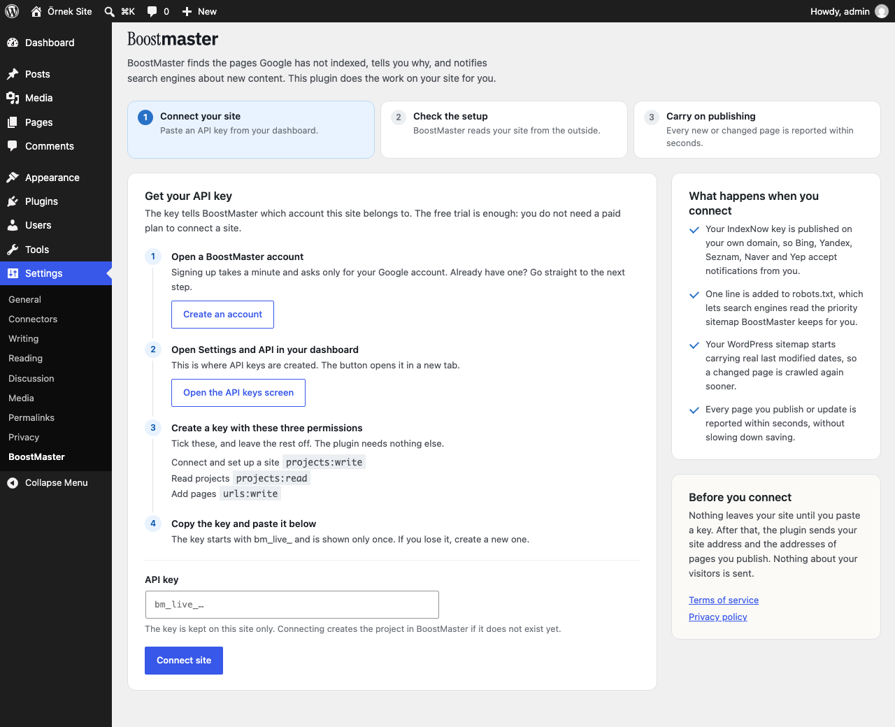 Before connecting: four steps to an API key, with a button straight to the right screen in your dashboard.