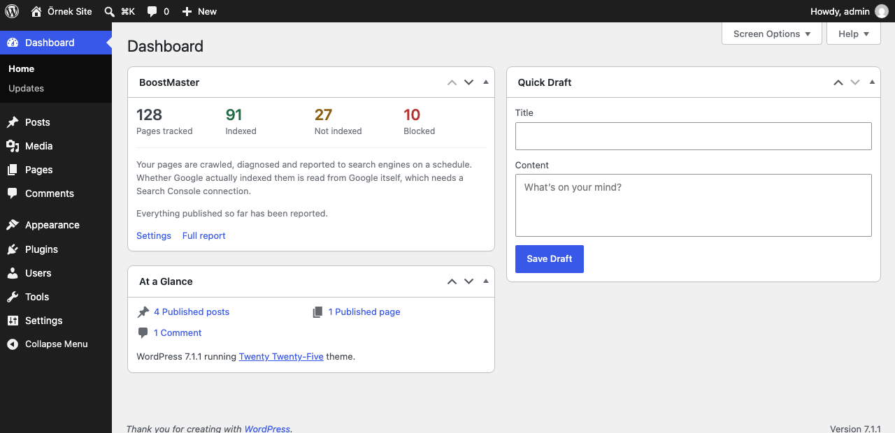 The box on the WordPress dashboard: tracked, indexed, waiting and blocked pages at a glance.