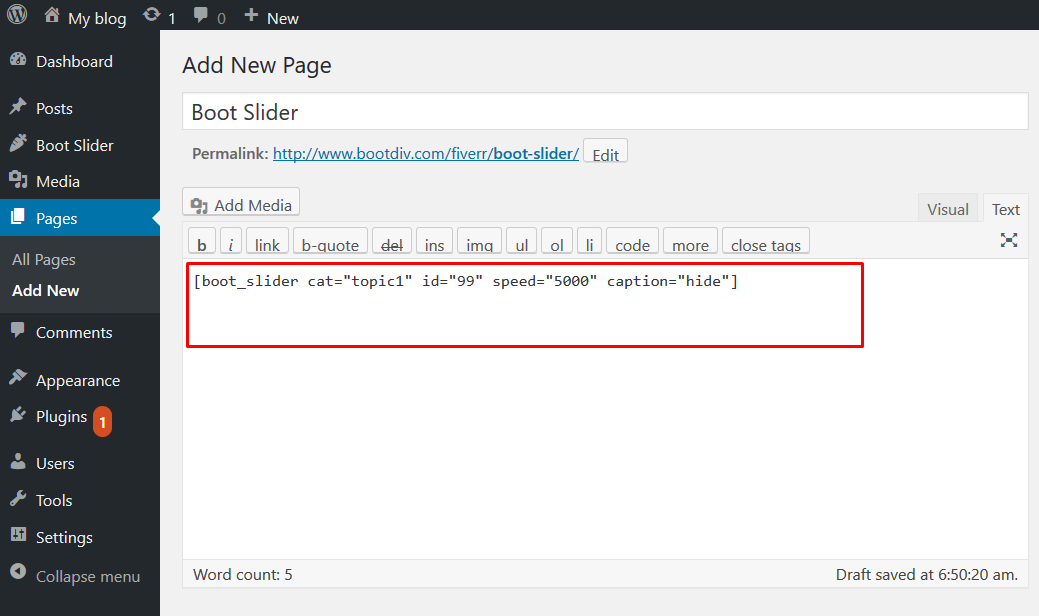 Admin panel for display slider by shortcode