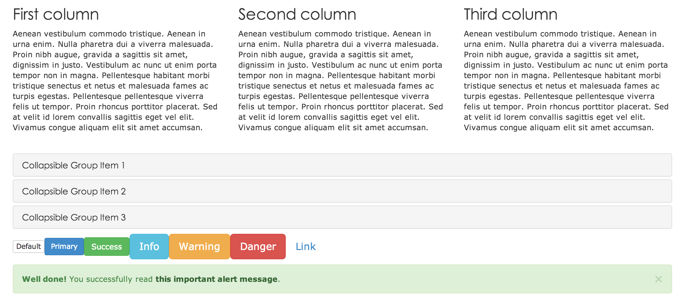 The rendered Bootstrap components as they would appear with a default Bootstrap 3 theme.