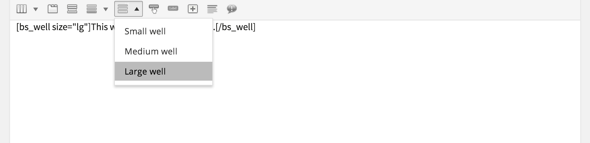 Custom buttons added to the TinyMCE visual editor for adding shortcodes to content.