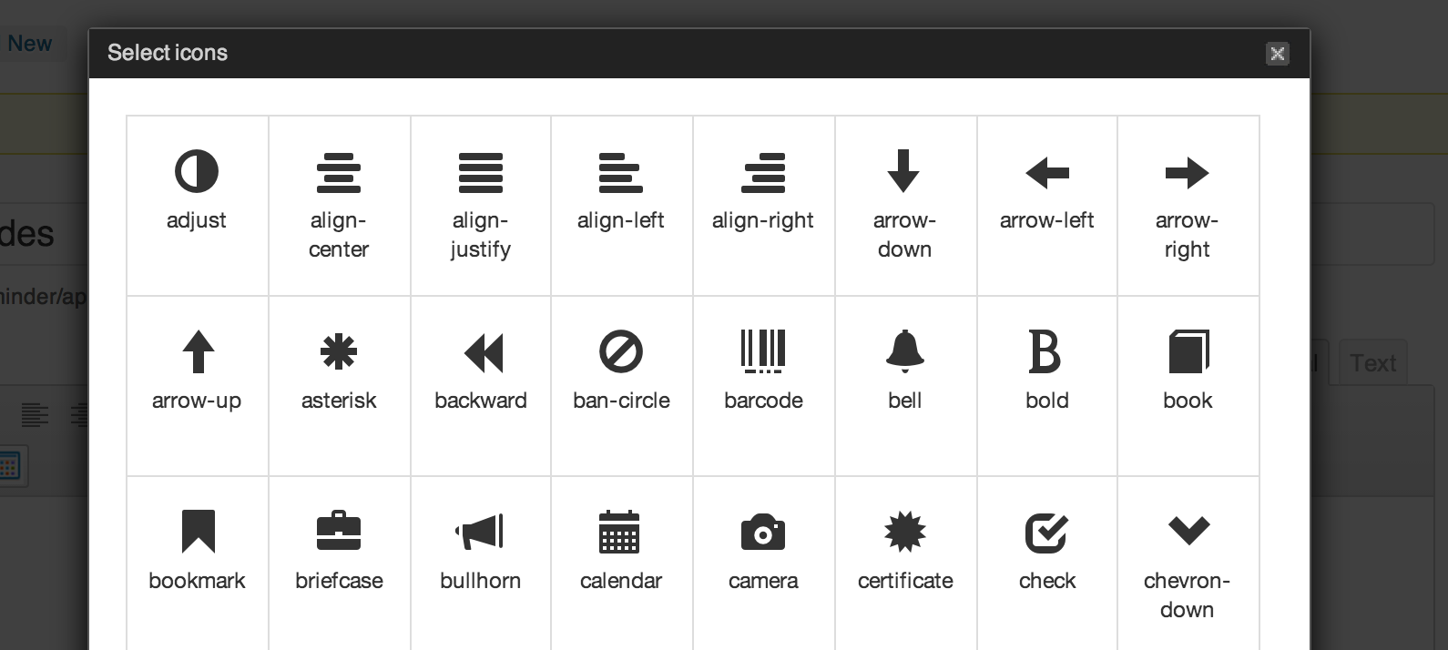The glyphicon selection tool for adding Bootstrap icons.