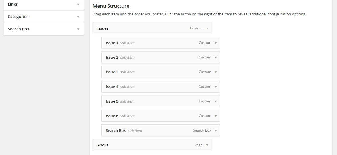 A view of a *wp-admin/nav-menus.php* screen with the plugin enabled.