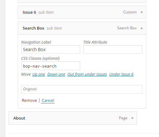 A view of the expanded search box menu item in the admin area.