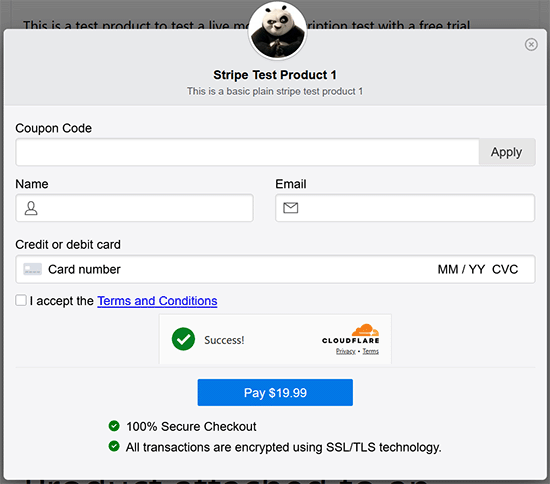 Checkout form of the Accept Stripe Payments plugin.