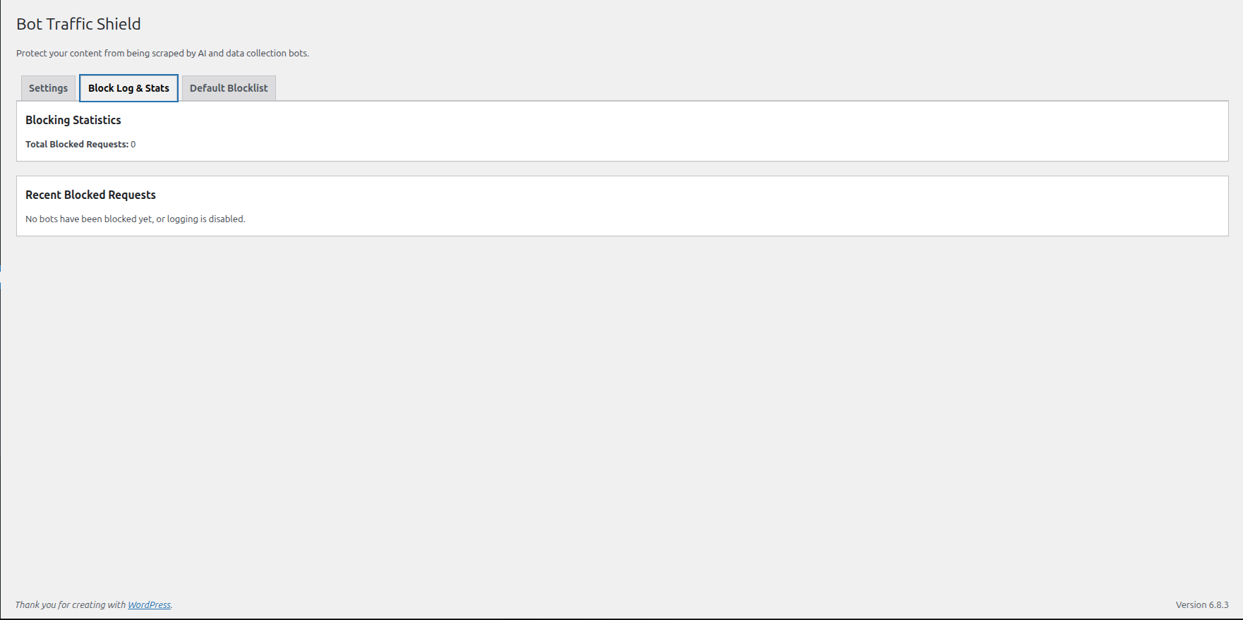 The block log and statistics tab, showing recently blocked bots.