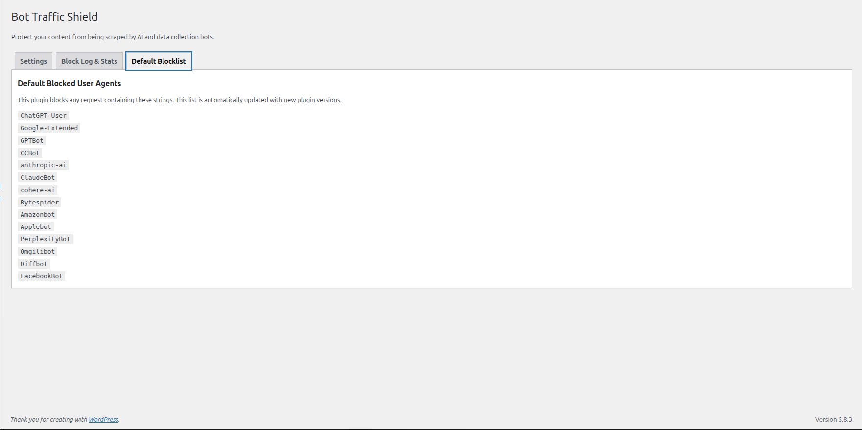 The default blocklist tab, showing the curated list of User-Agents blocked by default.