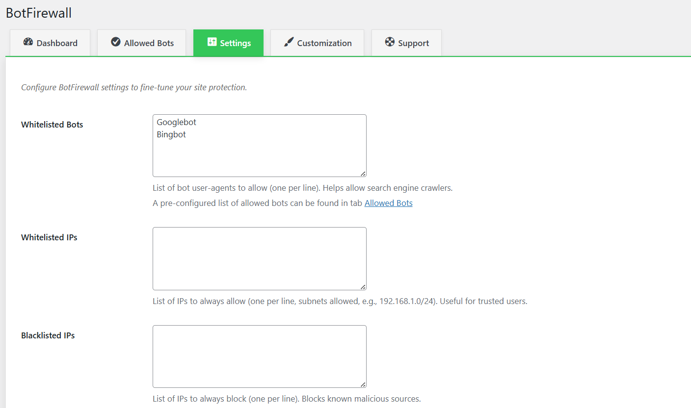 Settings tab with whitelist/blacklist options and page protection settings.