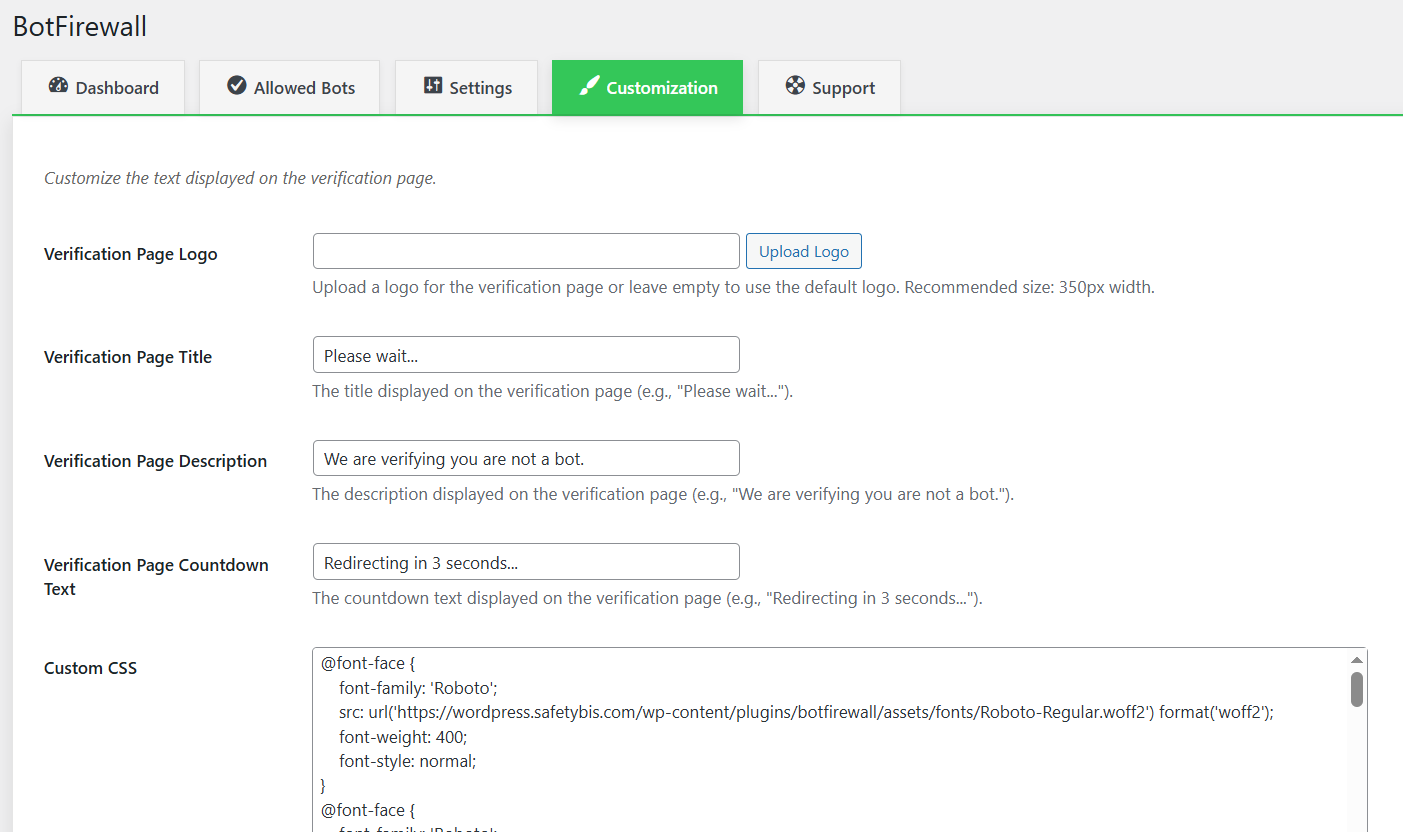 Customization tab for styling the verification page.
